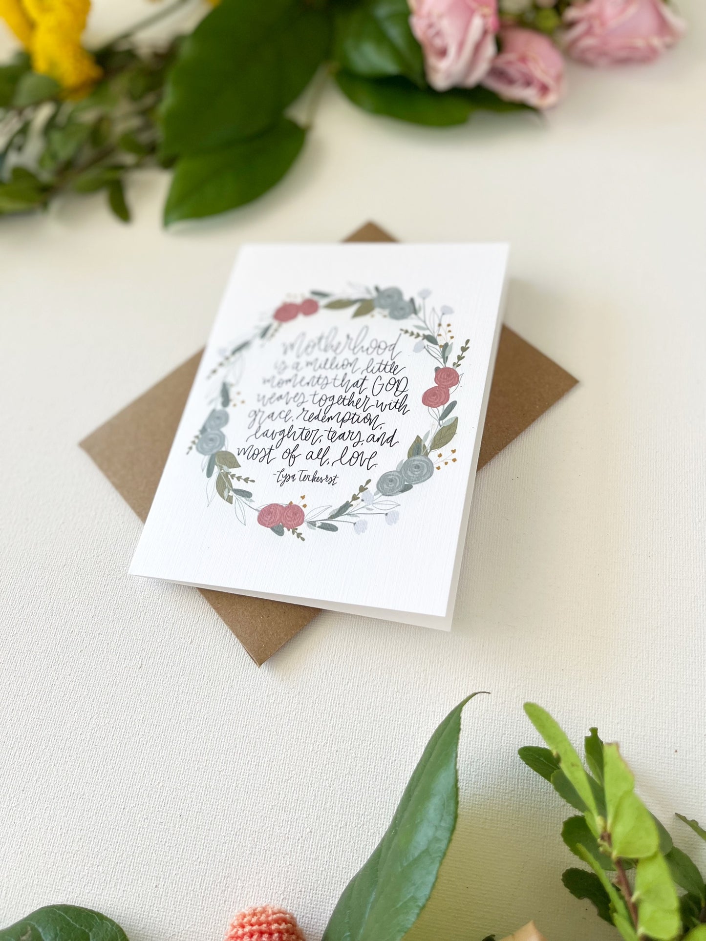 Card and envelope | Floral | “Motherhood is a million little moments that God weaves together with grace, redemptions, laughter, tears, and most of all, love.”