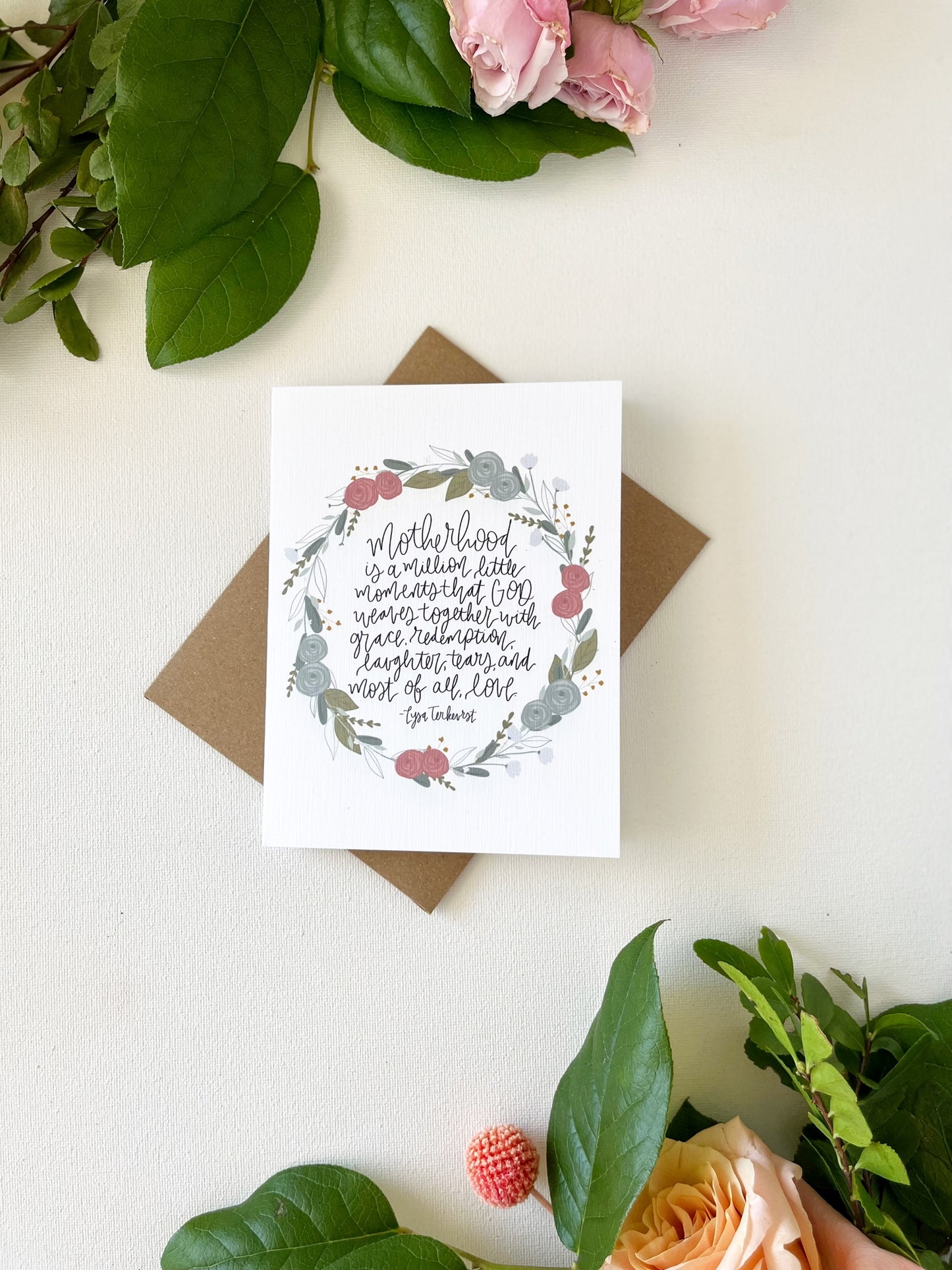 Card and envelope | Floral | “Motherhood is a million little moments that God weaves together with grace, redemptions, laughter, tears, and most of all, love.”