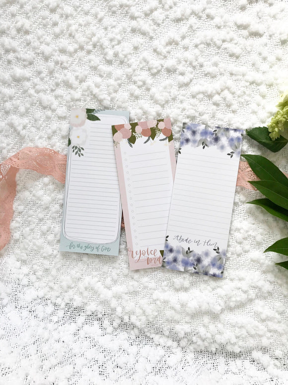 Set of 3 Notepads | For the glory of God, Abide in Him, Rejoice in the Lord  | 25 pages | grocery list, to do, reminder, Mother's Day