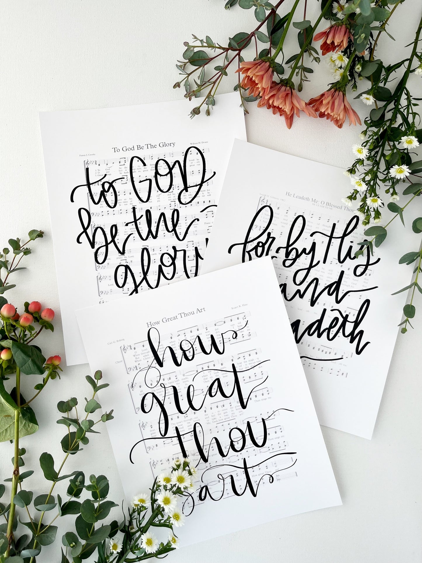 Set of 3 prints 8x10, 11x14 | Physical Print | To God be the glory, For by His hand He leadeth me, how great Thou art