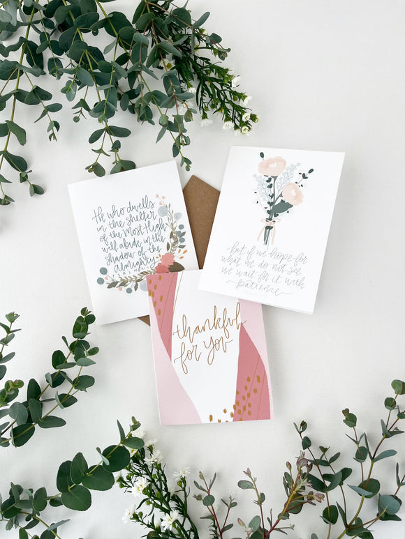 Cards and envelope | Floral  | blank inside | 3 Card Set | Psalm 91, Romans 8:24, Thankful for you