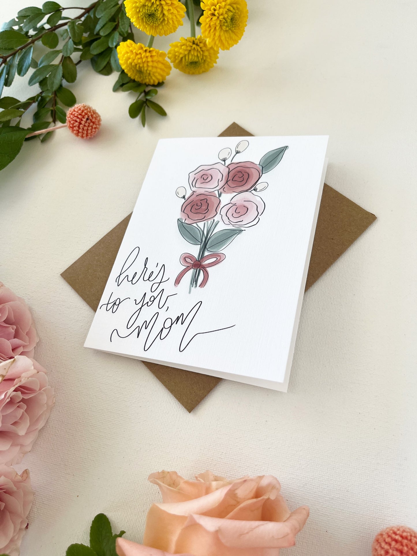 Cards and envelope | Floral  | Here’s to you, Mom